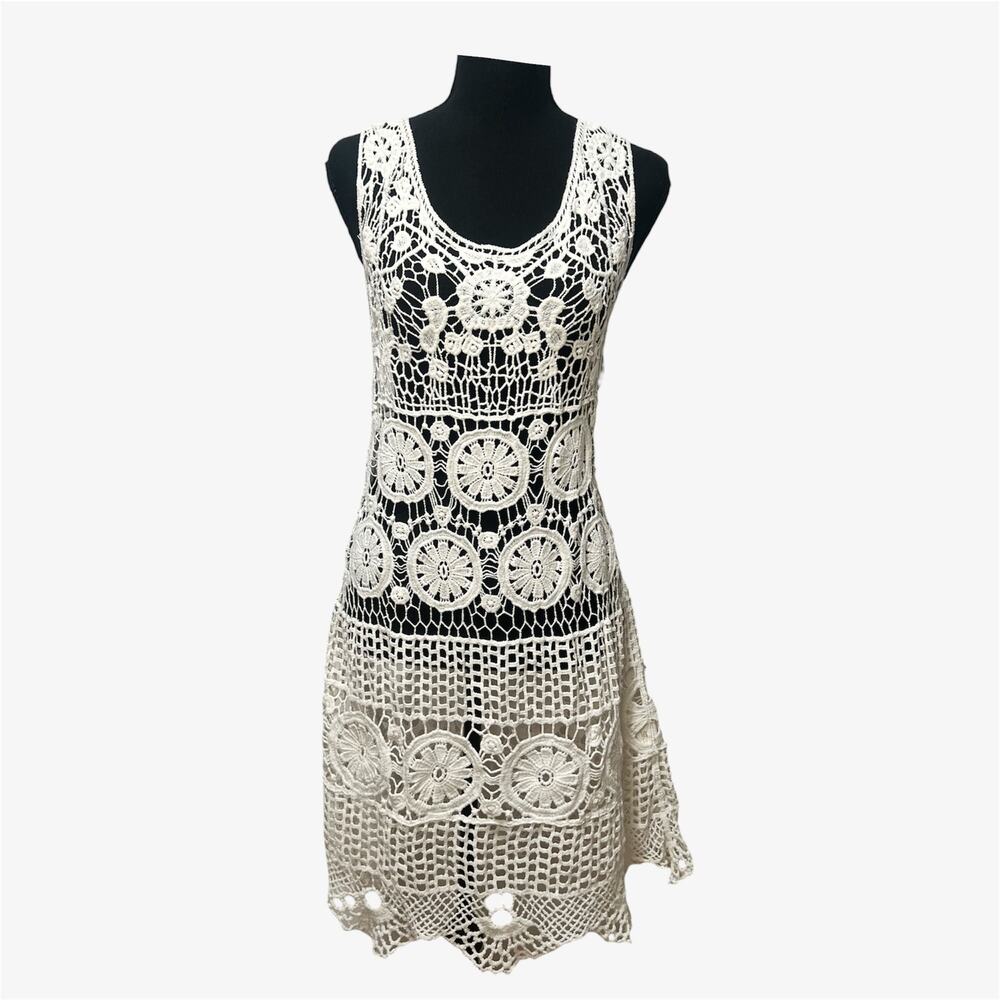 Vintage White Crochet Lace Floral Boho Cottagecore Midi Cover Up Dress